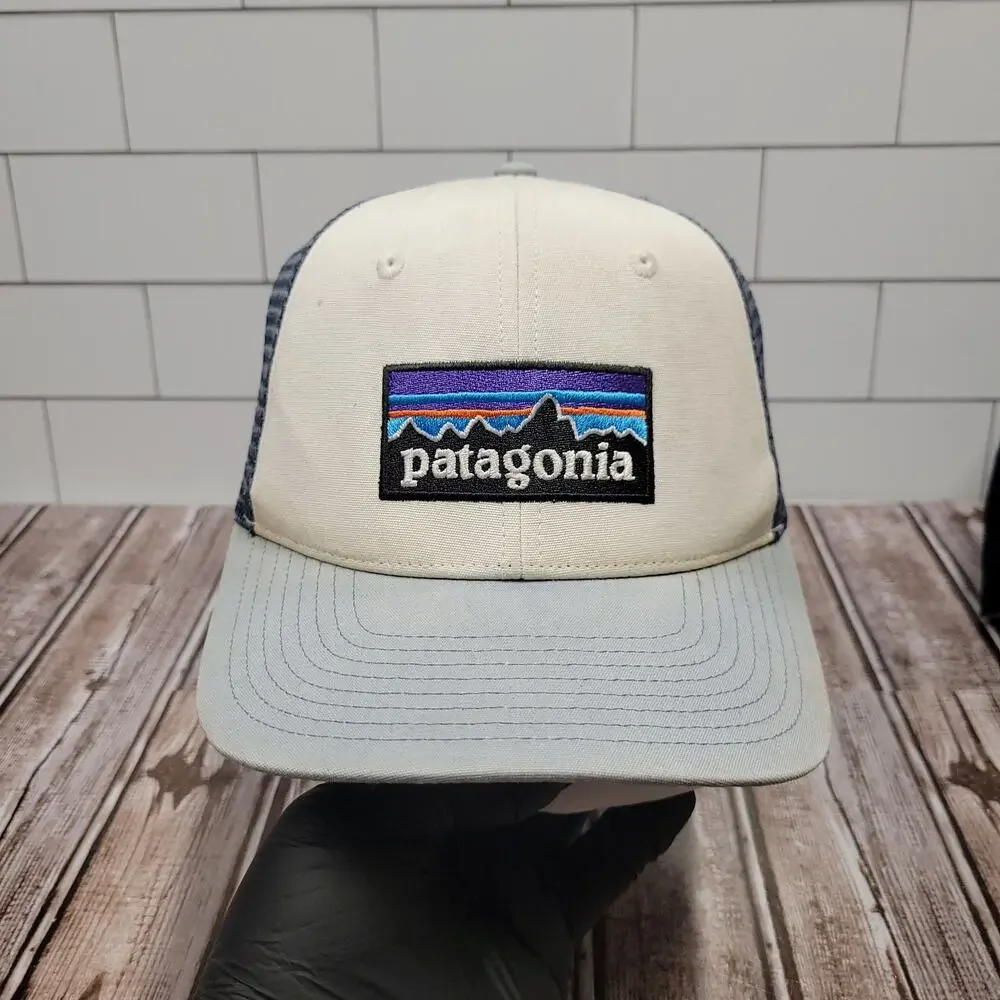 Patagonia P-6 Logo Trucker Hat Snapback White Blue Mesh Outdoor Cap